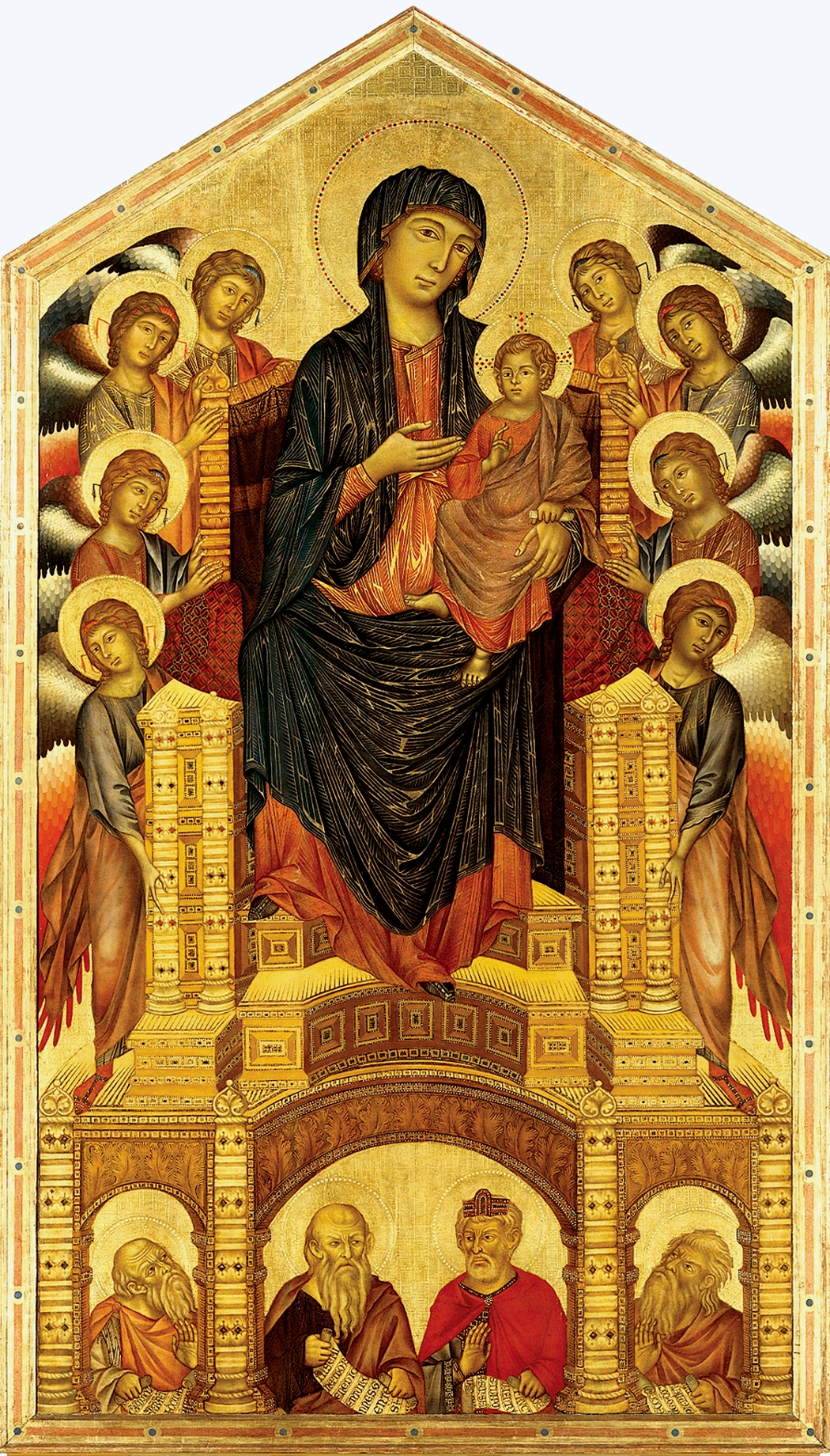Cimabue, Maestà di Santa Trinità (ca. 1280) — Maria op een gouden troon, omringd door engelen, met profeten in nissen onderaan.